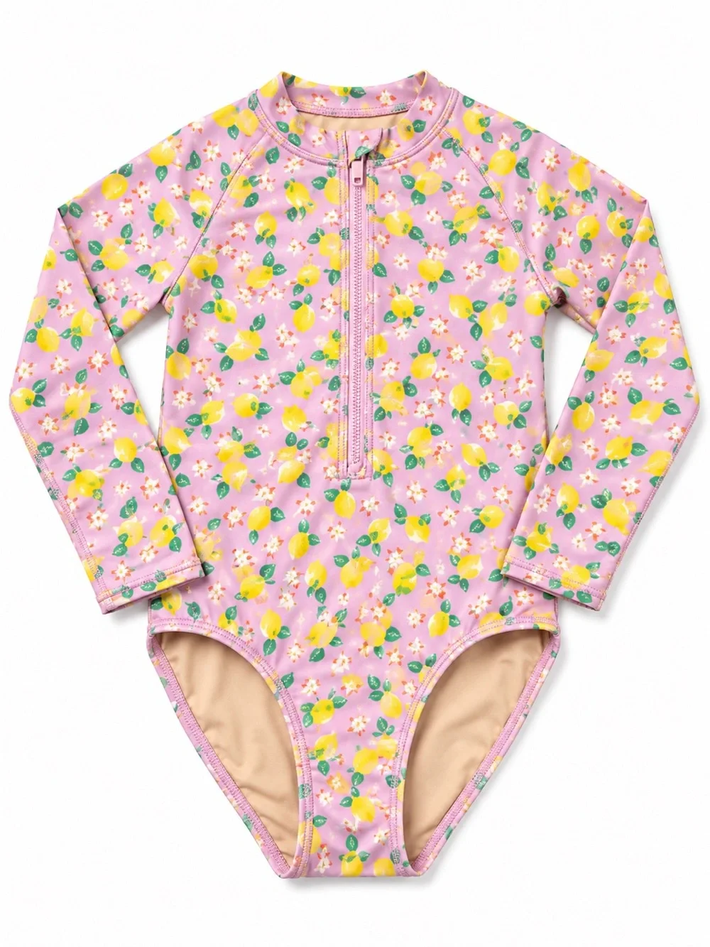 Crewcuts Pink Lemon-Print Long-Sleeve One-Piece Swimsuit
